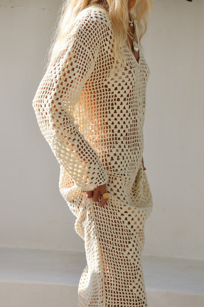 long sleeve maxi dress crochet knit close up view 