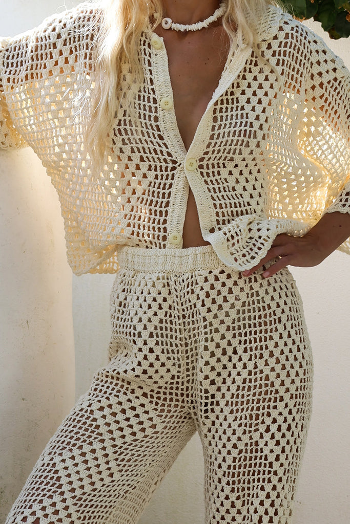 collared button crochet crop shirt cream front view