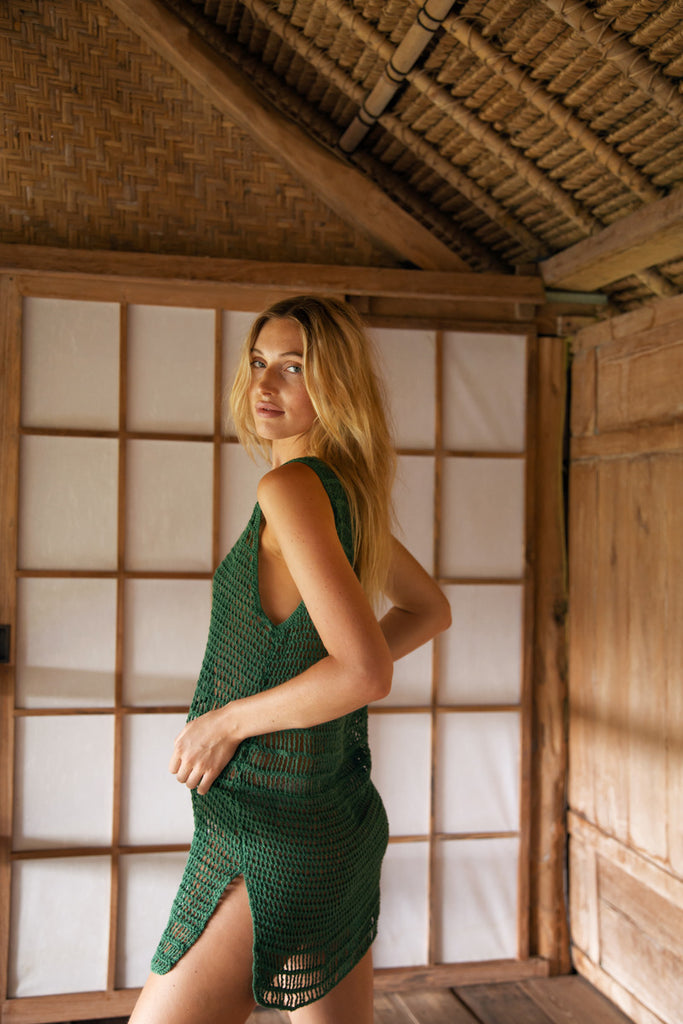 women's green crochet mini dress side view