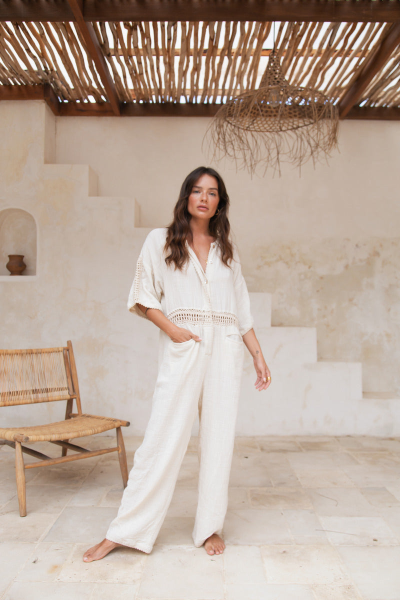 Women's cotton jumpsuit natural hue front view