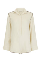 womens cotton cream jumpsuit with contrast stitch front view