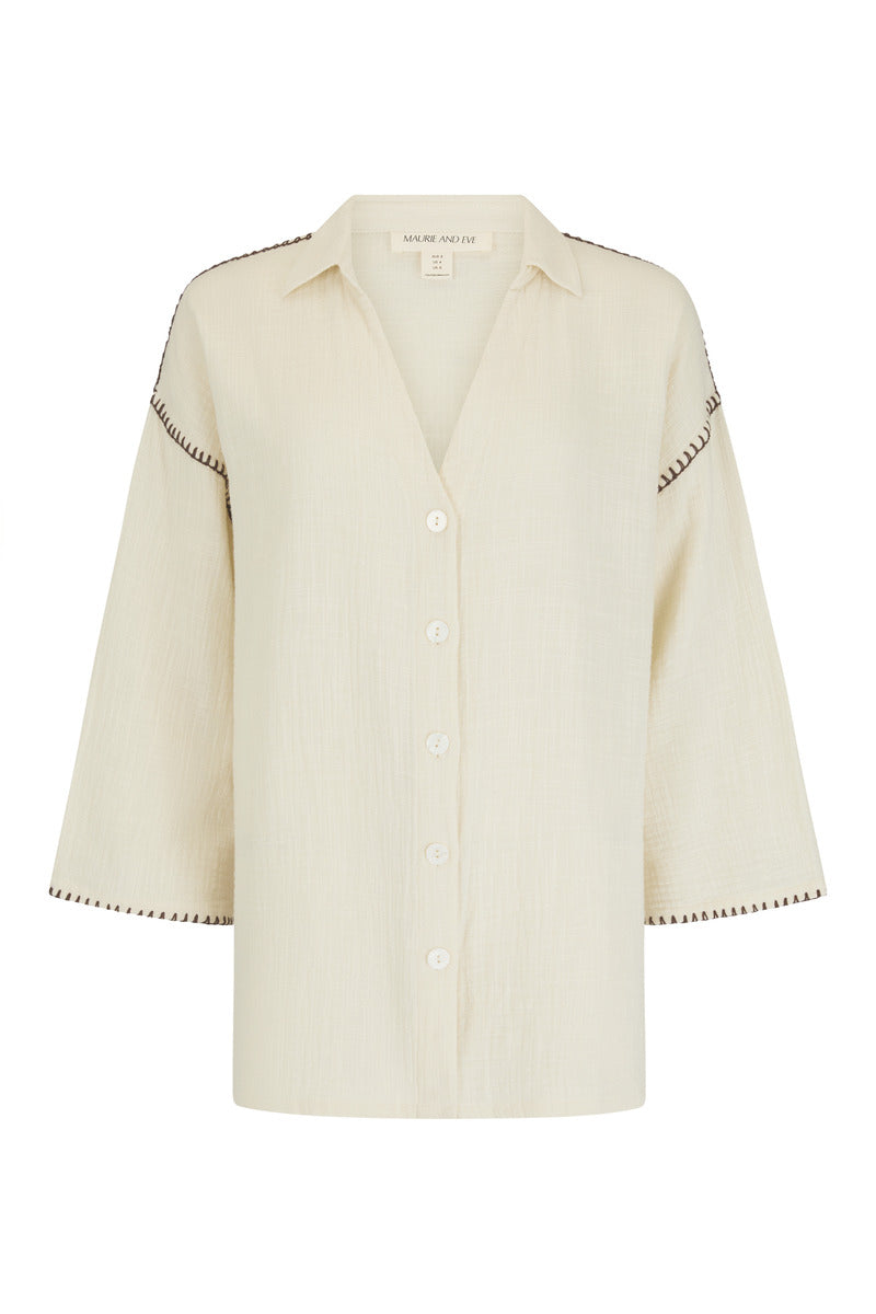 womens cotton cream shirt with contrast stitch front view