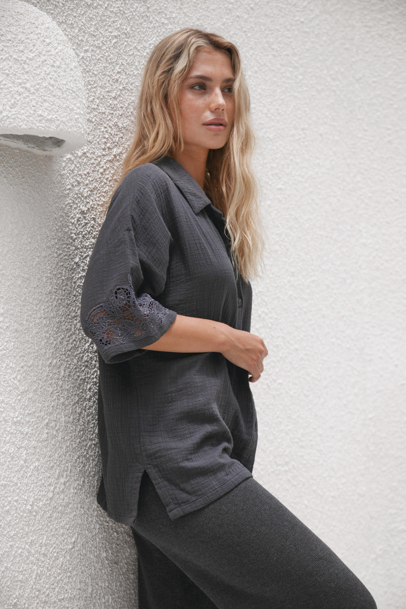 womens charcoal cotton shirt side view