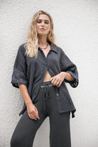 womens charcoal cotton shirt with hand embroidery front view