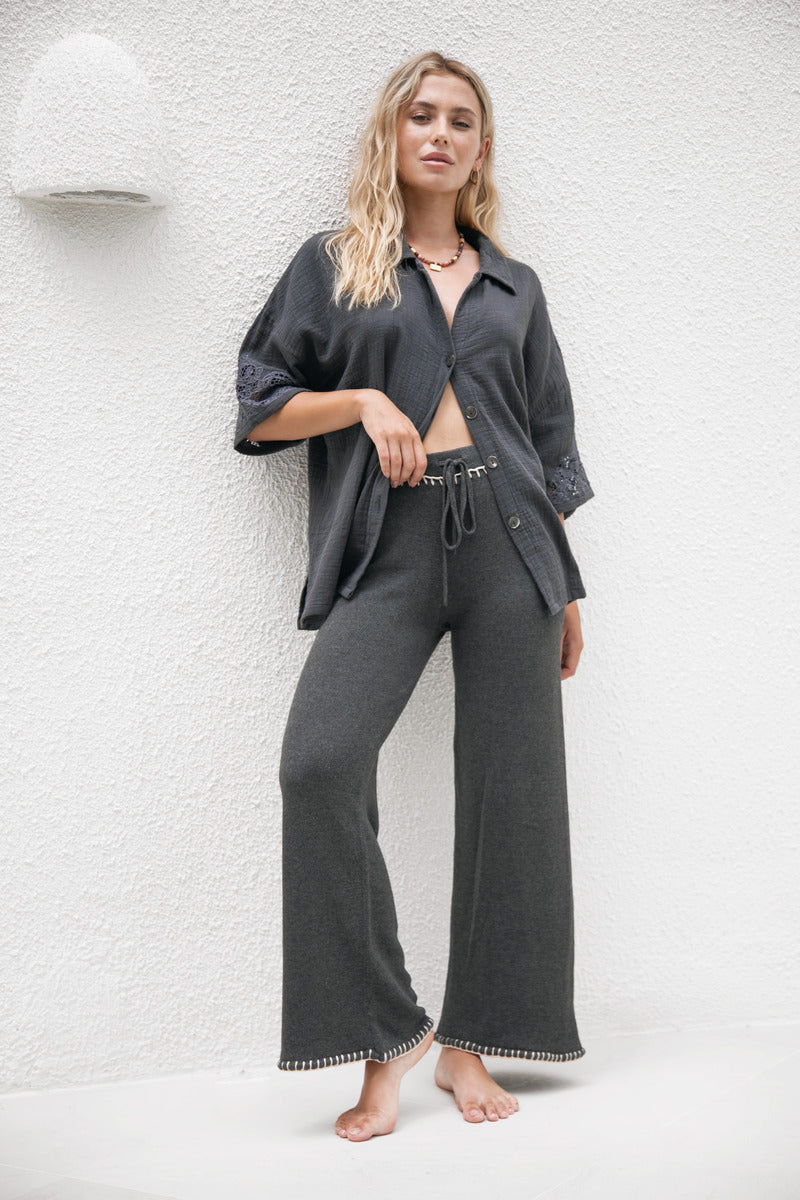 womens charcoal cotton pant with stitching detail