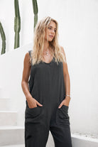 women's black cotton jumpsuit with pockets