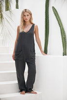 women's black cotton jumpsuit front view