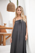 women's black viscoe maxi dress close up