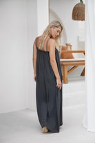 women's black viscoe maxi dress back view