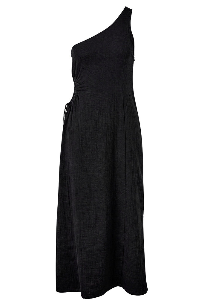womens one shoulder black maxi dress cotton front view
