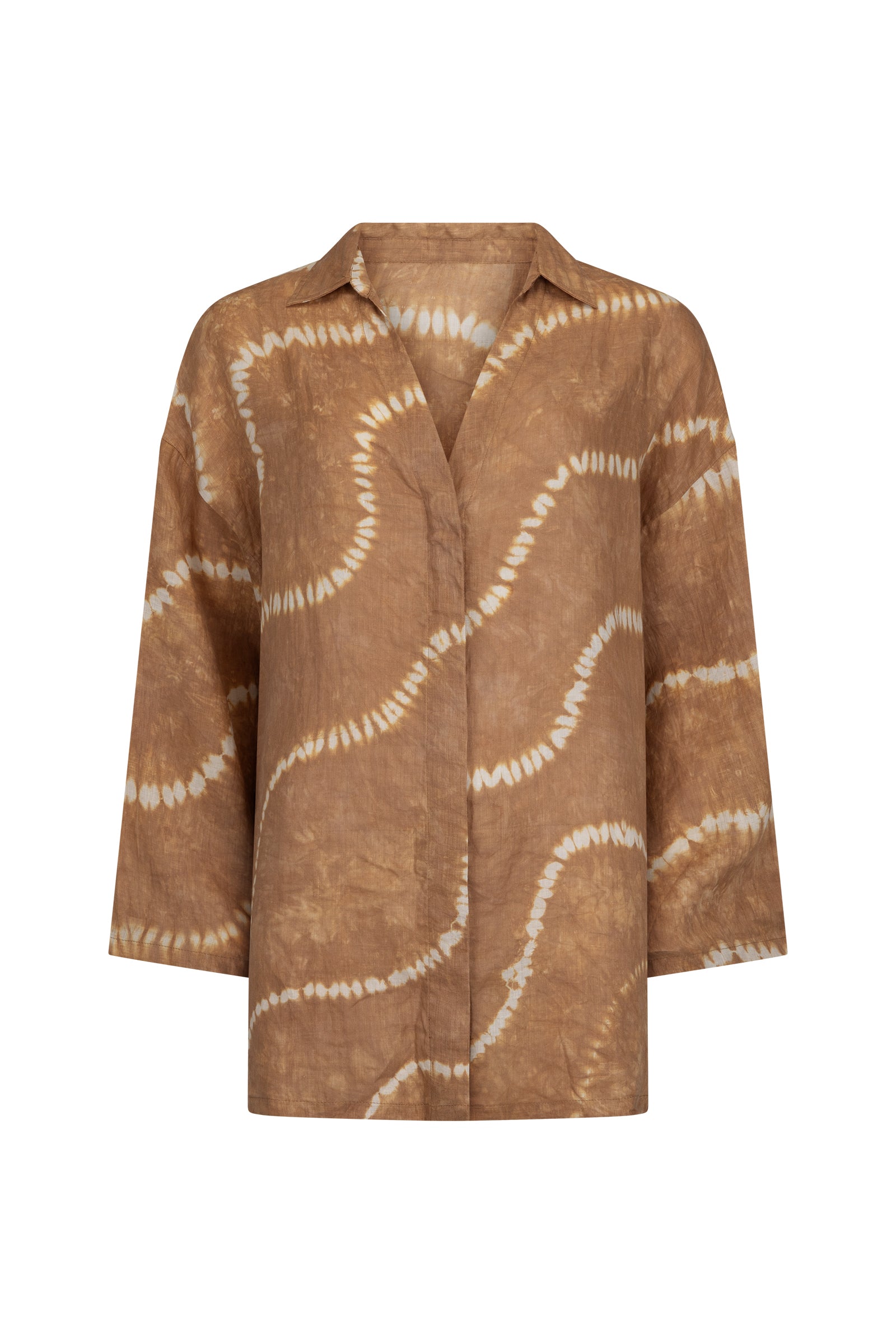 Women's linen tan tie-dye shirt front view