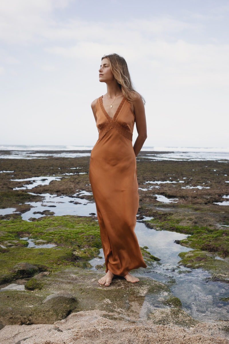 Womens Bran coloured viscose lace maxi dress, front view