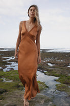 Womens Bran coloured viscose lace maxi dress, front view