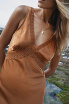 Womens Bran coloured viscose lace maxi dress, close up view