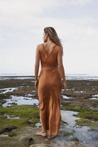 Womens Bran coloured viscose lace maxi dress, back view