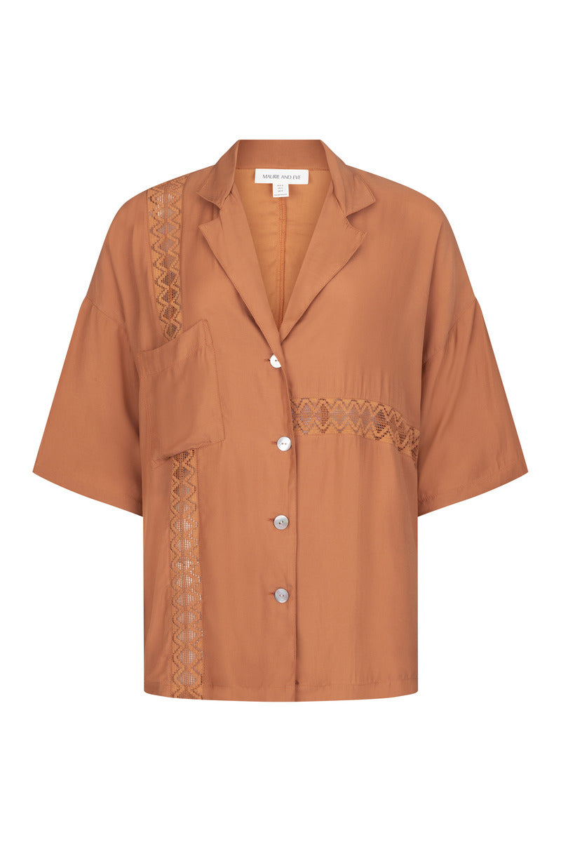 Womens Bran coloured viscose lace shirt, ghost imagery