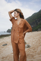 Womens Bran coloured viscose lace shirt,  front view