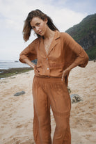 Womens Bran coloured viscose lace shirt, styled with matching pant, front view