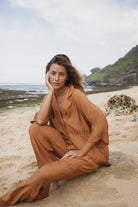 Womens Bran coloured viscose lace shirt, styled with matching pant, front view