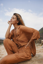 Womens Bran coloured viscose lace shirt, styled with matching pant, front view