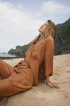 Womens Bran coloured viscose lace shirt, styled with matching pant, front view