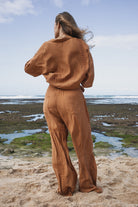 Womens Bran coloured viscose lace shirt, styled with matching pant, back view