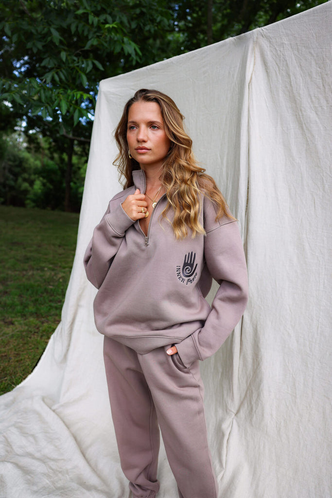 model wearing pure cotton taupe tracksuit set 