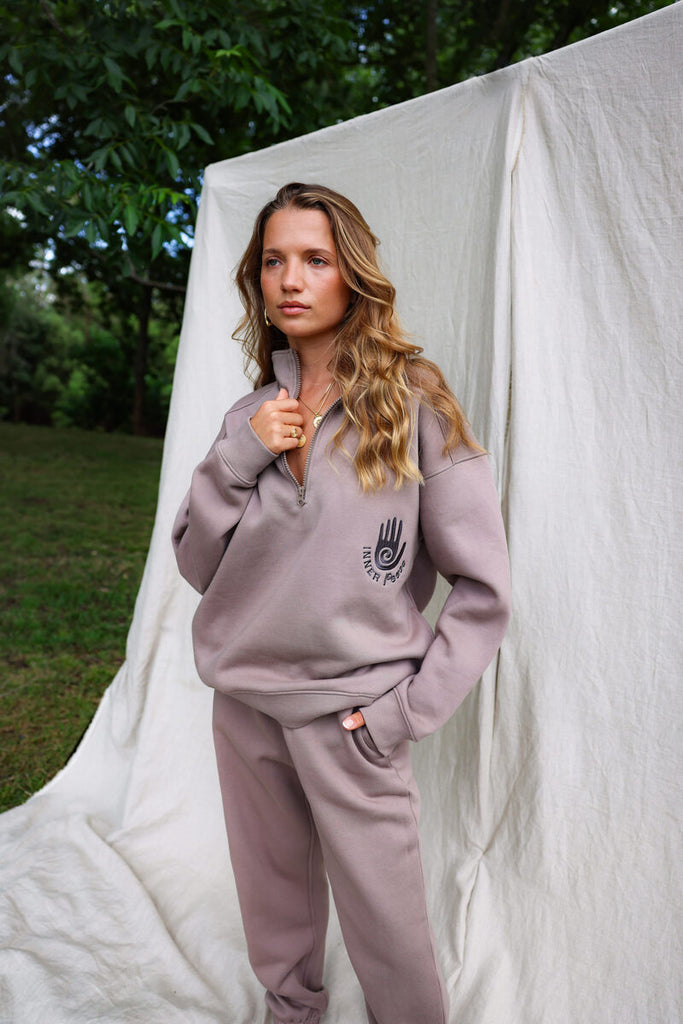model wearing pure cotton taupe tracksuit set