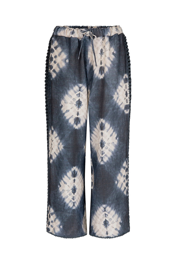 womens cotton navy tie dye pant with crochet stitching front view