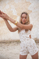 womens white artist print short and bodysuit front view