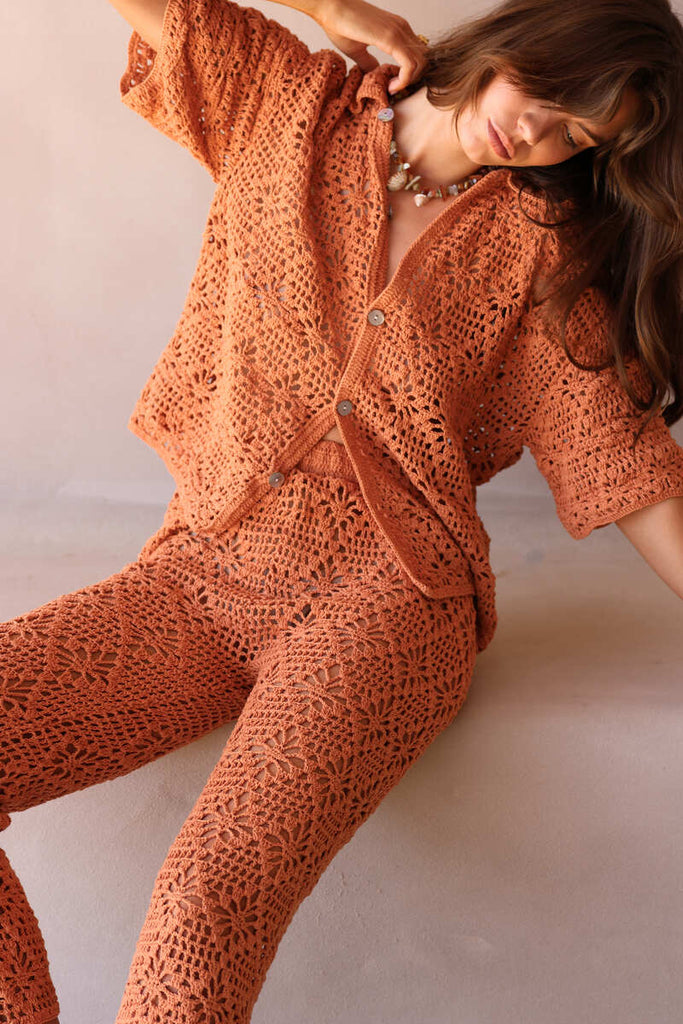 women's rust crochet pant front view