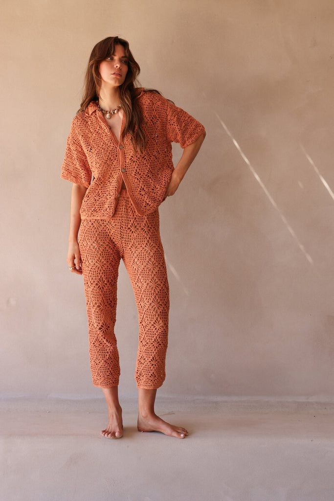 women's rust cropped crochet pant front view 