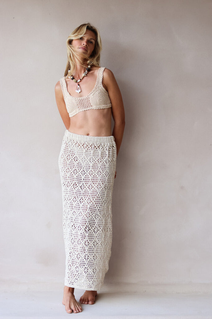 women's beige crochet skirt front view