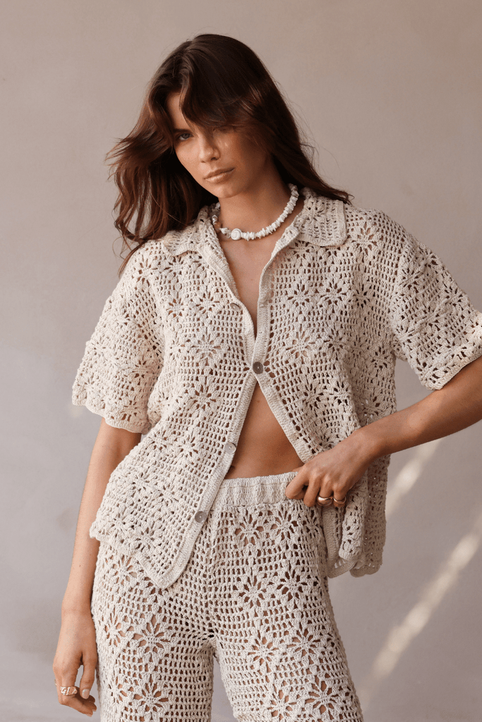 women's beige crochet shirt front view