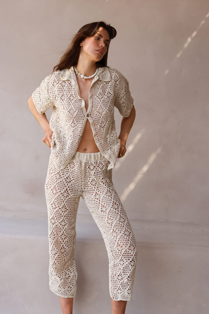 womens beige crochet pant front view