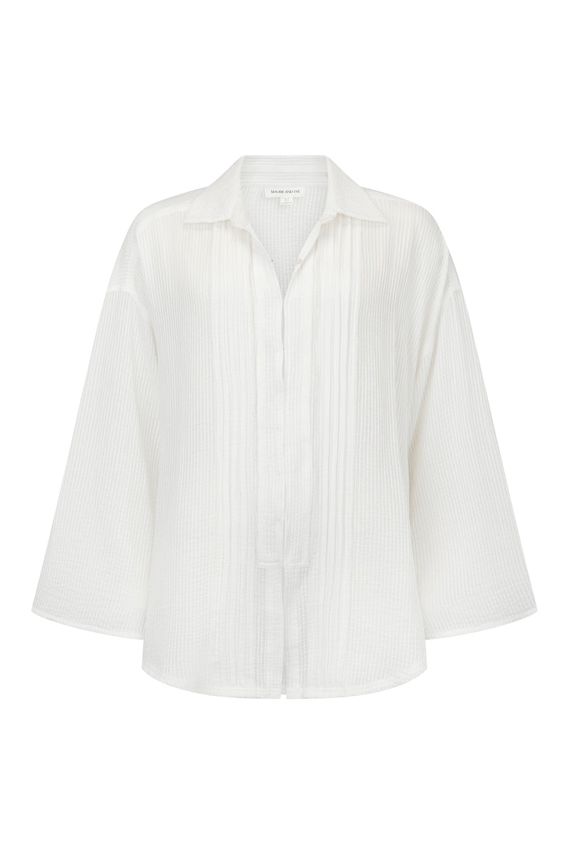 womens white cotton textured shirt front view
