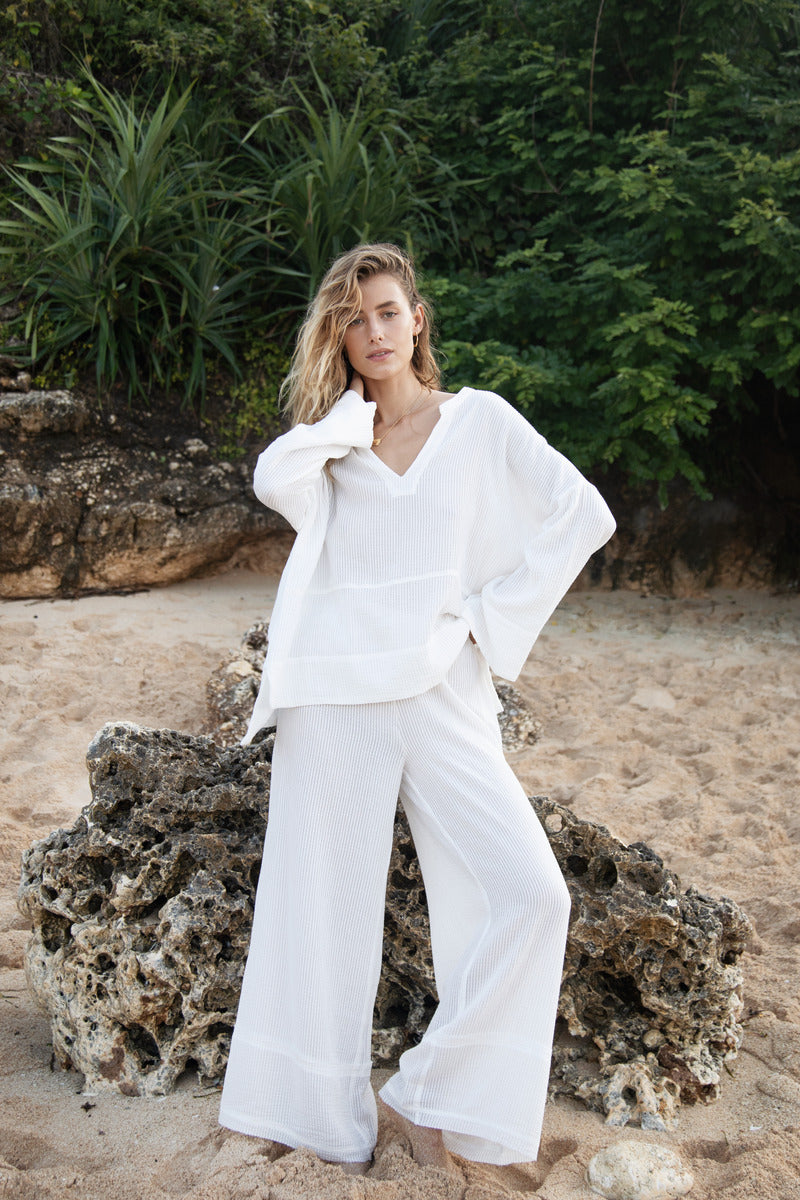 White Beach Pants - Elegant High Waisted White Beach Pants