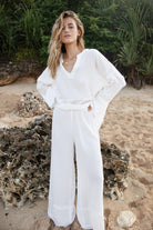 womens white cotton textured pant front view