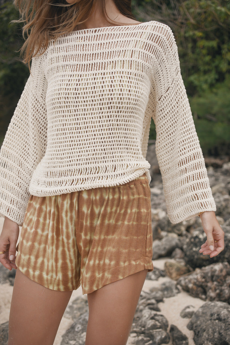 Womens tan cotton tie dye short, close up