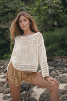 Womens tan cotton tie dye short, styled with crochet top, front view