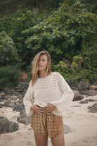 Womens tan cotton tie dye short, front view