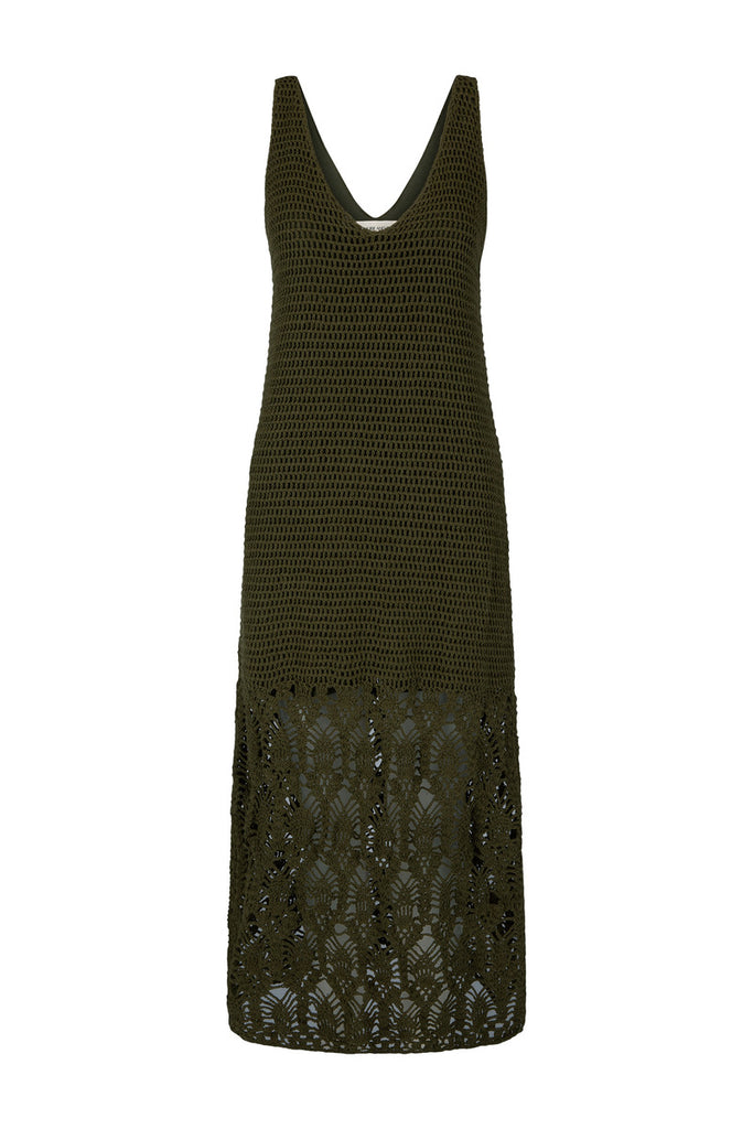 Green crochet dress with lace detailing 