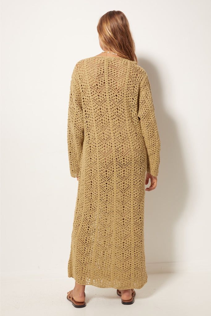 womens crochet long sleeve maxi dress olive back view