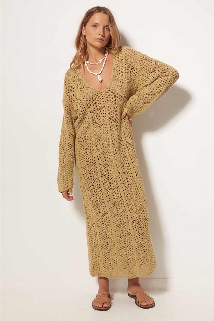 womens crochet long sleeve maxi dress olive front view