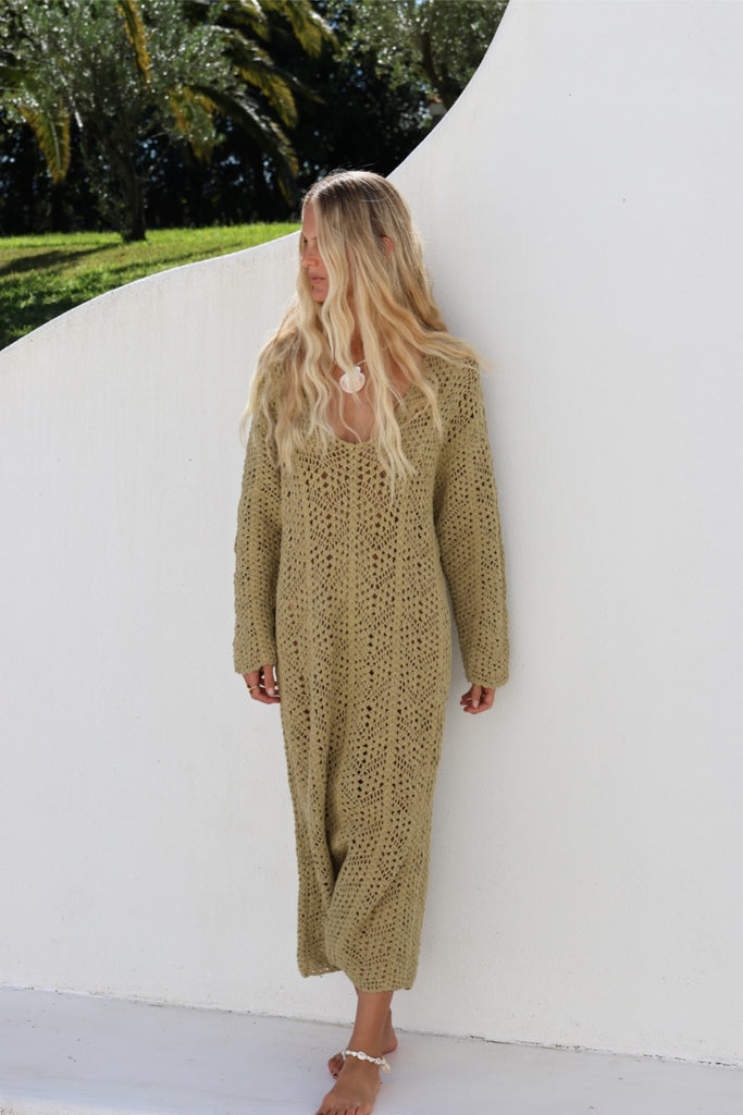 womens crochet long sleeve maxi dress olive front view