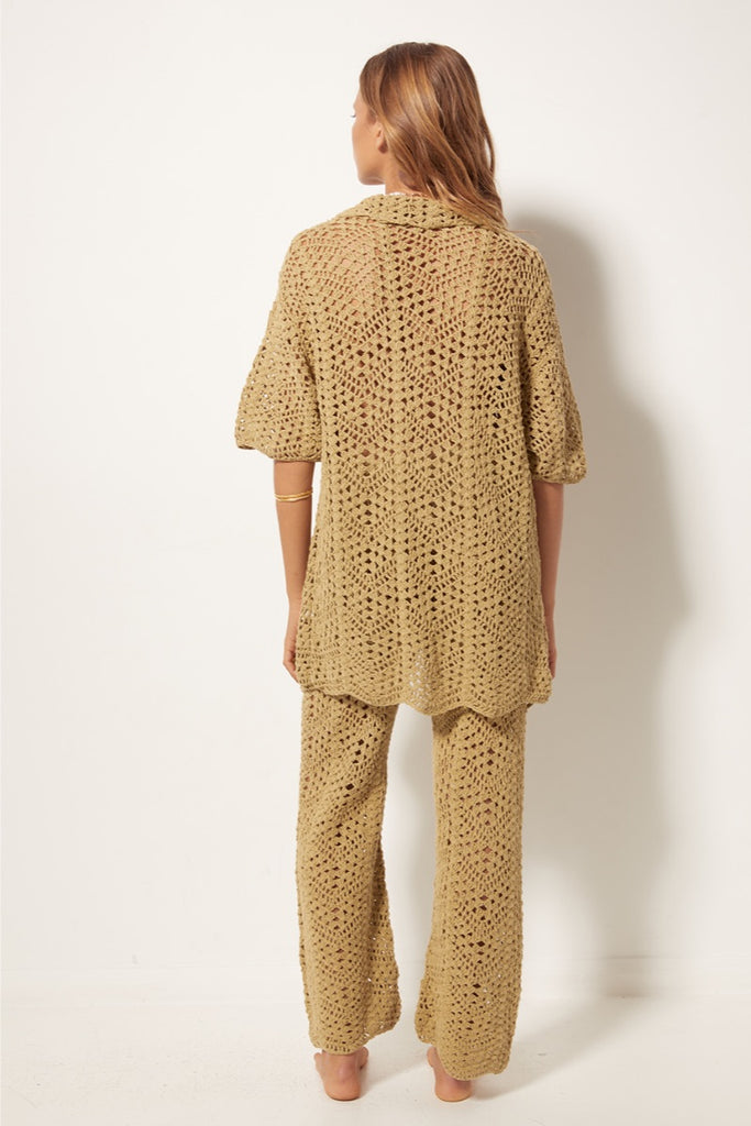 womens button shirt crochet olive back view