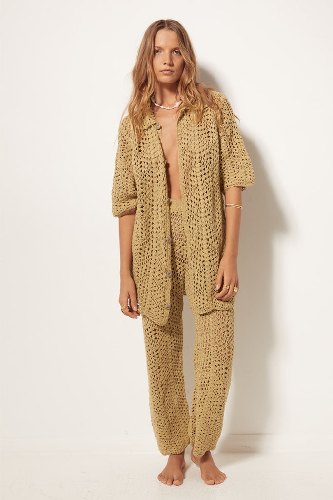womens relaxed crochet pant olive front view