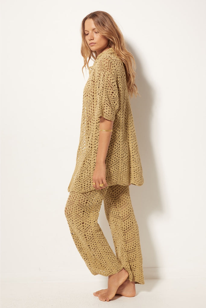 womens button shirt crochet olive side view