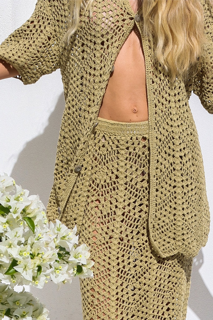 womens button shirt crochet olive back view