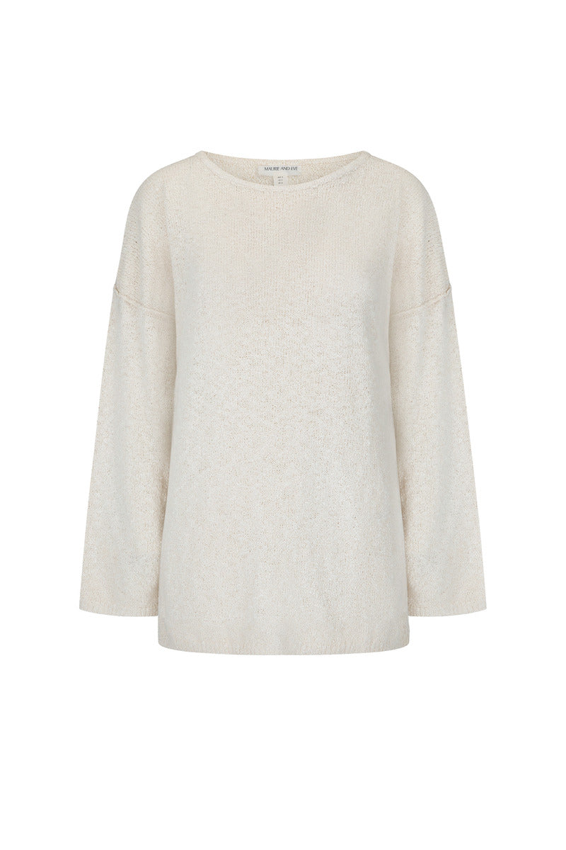 women's cream cotton knit long sleeve top front view